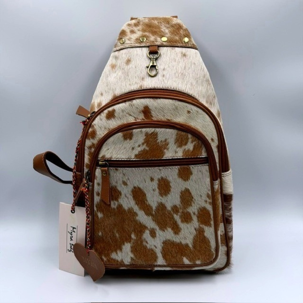 Myra Bag Brown White Cowhide Leather Sling Backpack Western Boho Studded NEW